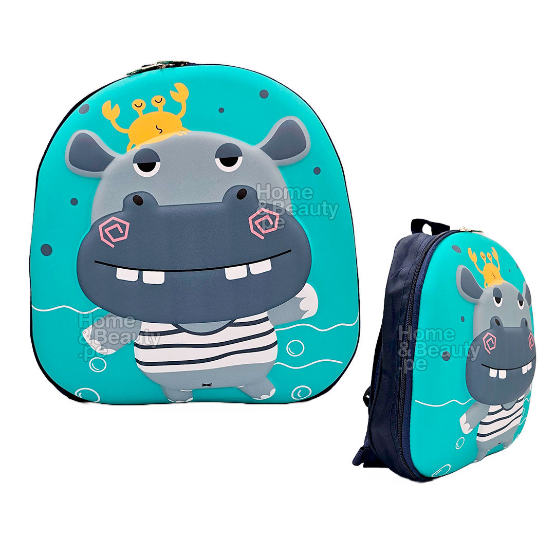 MOCHILA KIDS KAWAI 3D MODELO HIPOPOTAMO GRIS Y CELESTE