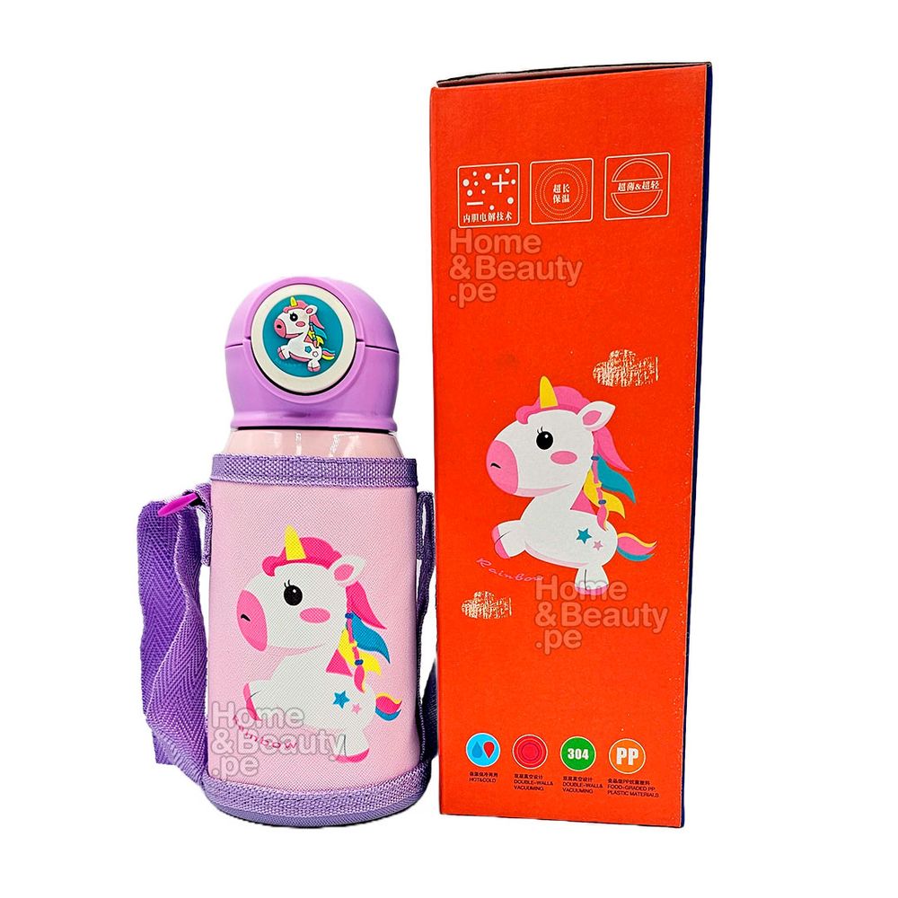 TERMO KAWAI INOXIDABLE 316 de UNICORNIO LILA CON LUCES 500 ml
