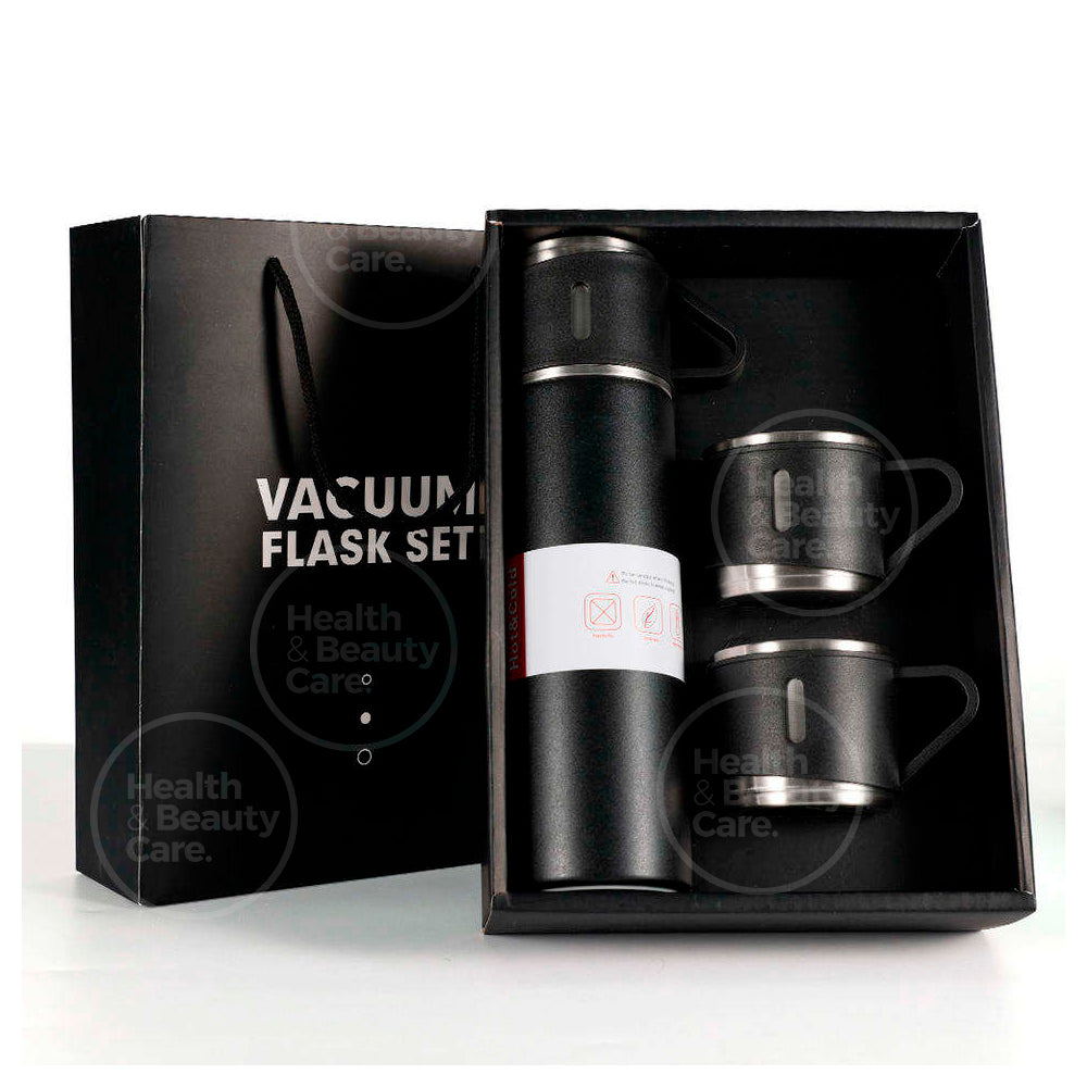 1 TERMO DE ACERO INOXIDABLE NEGRO CON 2 TAZAS INCLUYE BOLSA DE REGALO