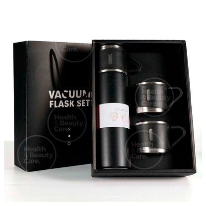 1 TERMO DE ACERO INOXIDABLE NEGRO CON 2 TAZAS INCLUYE BOLSA DE REGALO