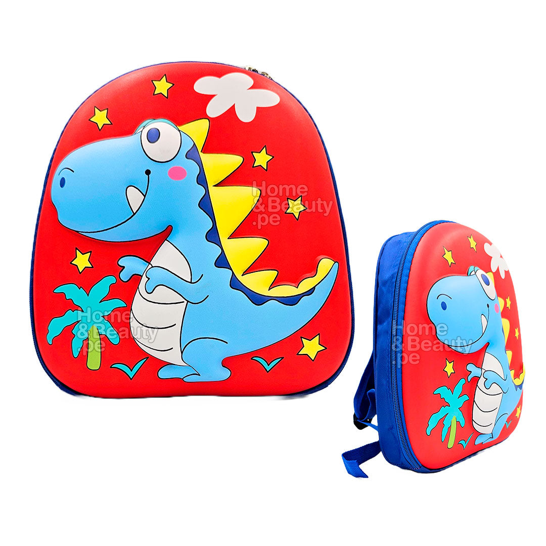 MOCHILA KIDS KAWAI 3D MODELO DINOSAURIO COLOR AZUL Y ROJO