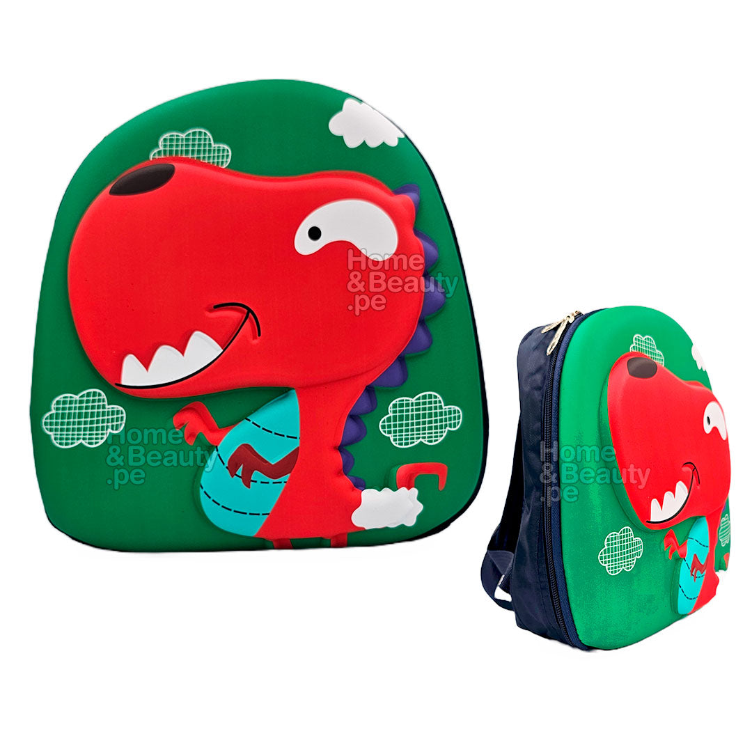 MOCHILA KIDS KAWAI 3D MODELO DINOSAURIO COLOR ROJO Y VERDE